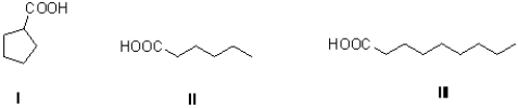 Rank the following in terms of increasing boiling point (least to most) .   A) III,I,II B) II,I,III C) I,II,III D) I,III,II