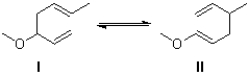 Which of the following is the favoured product in the reversible sigmatropic rearrangement shown below,and why?   A) I because of conjugation B) I because of hyperconjugation C) II because of conjugation D) II because of hyperconjugation
