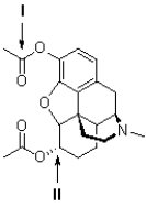Figure 2 The following questions refer to the structure of heroin (shown below) .   -Referring to Figure 2,what is the geometry of the carbon atom shown at I? A) bent B) trigonal planar C) tetrahedral D) trigonal pyramidal