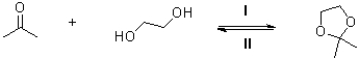 Which conditions would push the forward direction (I) and the reverse direction (II) in the following reaction scheme?   A) (I) - H<sup>+</sup> (II) - H<sup>+</sup> B) (I) - H<sup>+</sup> (II) - H<sup>+</sup> /H<sub>2</sub>O C) (I) - H<sup>+</sup> /H<sub>2</sub>O (II) - H<sup>+</sup> D) (I) - H<sup>+</sup> /H<sub>2</sub>O II) - H<sup>+</sup> /H<sub>2</sub>O