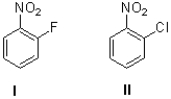 Which aromatic ring will react faster to an S<sub>N</sub>Ar reaction and why?   A) I because fluoride is a better leaving group B) I because fluoride makes the ring more electrophilic C) II because chloride is a better leaving group D) II because chloride makes the ring more electrophilic