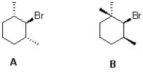 Which cyclohexane derivative would you expect to react faster under E2 elimination conditions and why?   A) A because its less sterically hindered B) B because its less sterically hindered C) A because its scissile C-H bond is antiperiplanar D) B because its scissile C-H bond is antiperiplanar