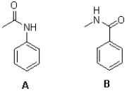 Which of the following best describes the two molecules shown below?   A) A is more reactive to S<sub>E</sub>Ar than B and is meta directing. B) A is less reactive to S<sub>E</sub>Ar than B and is meta directing. C) A is more reactive to S<sub>E</sub>Ar than B and is para/ortho directing. D) A is less reactive to S<sub>E</sub>Ar than B and is para/ortho directing.