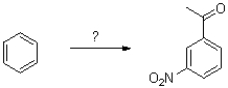 What route would work best for the synthesis of the following aromatic molecule from benzene shown below?   A) 1) AlCl<sub>3</sub>,   2) HNO<sub>3</sub>,H<sub>2</sub>SO<sub>4</sub> B) 1) HNO<sub>3</sub>,H<sub>2</sub>SO<sub>4 </sub>2) AlCl<sub>3</sub>,   C) 1) HNO<sub>3</sub>,   D) This product cannot be formed since Friedel-Crafts reactions are incompatible with nitrobenzene.