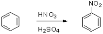 Which of the following statements best describes the reaction shown below?   A) Benzene is the nucleophile;HNO<sub>3</sub> is the electrophile. B) Benzene is the electrophile;HNO<sub>3</sub> is the nucleophile. C) Benzene is the nucleophile;NO<sub>2</sub> is the electrophile. D) Benzene is the electrophile;NO<sub>2</sub> is the nucleophile.