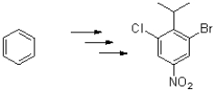 Design a reaction pathway to generate the following aromatic molecule from benzene.Show each intermediate.  
