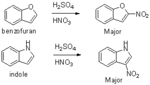 A chemist runs the following nitration reactions on benzofuran and indole shown below and gets the following molecules as major products.Draw out the intermediate of each reaction and justify why each major product is obtained.  