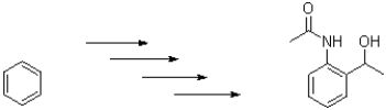 List the reagents required to transform benzene into the product shown below.  