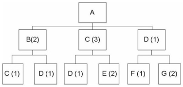 Given the following bill of material   If the demand for product A is 50 units, what will be the gross requirement for component E? A)  4 B)  100 C)  200 D)  250 E)  300