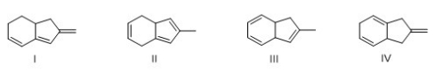 Which triene has the smallest heat of hydrogenation?   A) I B) II C) III D) IV