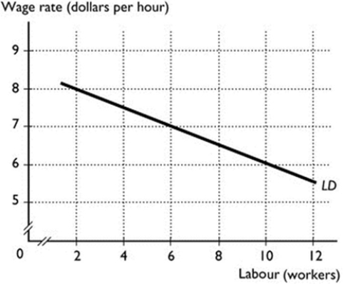   -The above figure shows the demand for labour curve for workers at a Pizza Hut in Darwin. If the wage rate is $6 per hour, then the i. quantity of workers Pizza Hut demands is 10 workers. Ii)  Pizza Hut would have been willing to hire the 6th worker even if it had to pay $7 per hour rather than $6 per hour. Iii)  value of the marginal product of the 10th worker is $6 per hour. A)  i only B)  ii only C)  iii only D)  i and iii E)  i, ii and iii