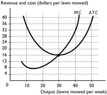   -Bill owns a lawn-care company in Bendigo, whose cost curves are illustrated in the above figure. The market equilibrium price in this perfectly competitive market equals $32 per lawn mowed. Bill's average total cost curve is ATC, so his TOTAL cost of production equals A)  more than $1,800 per week. B)  more than $1,400 per week and less than $1,800 per week. C)  $0 because Bill shuts down. D)  more than $1,200 and less than $1,400 per week. E)  more than $0 and less than $1,200 per week.