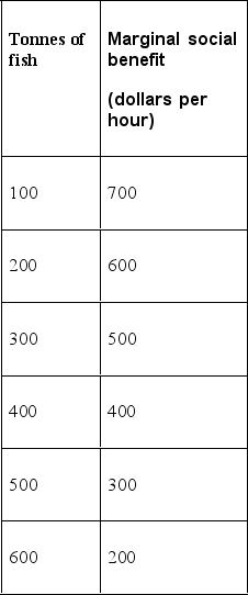   -The table above shows the marginal social benefit of fishing in the Mediterranean Sea. The marginal private cost of operating a fishing boat is the same for all producers; $300 per hour. The marginal social cost is twice the marginal private cost. With no government intervention, the market is A)  underproducing by 100 tonnes of fish. B)  catching the efficient quantity of fish. C)  overproducing by 200 tonnes of fish. D)  overproducing by 300 tonnes of fish. E)  underproducing by 300 tonnes of fish.