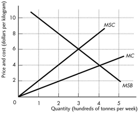   -The above figure shows the marginal private cost curve, marginal social cost curve and marginal social benefit curve for blue fin tuna, a common resource. The efficient outcome is A)  300 tonnes per week. B)  zero tonnes per week. C)  400 tonnes per week. D)  None of the above answers is correct.