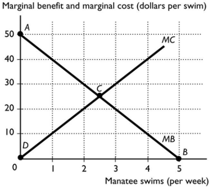   -The figure above shows Kaley's marginal benefit from swimming with manatees (manatee is another name for a sea cow or dugong)  and Scott's marginal cost of providing manatee swimming tours. If Scott offers two swim tours per week, he incurs a marginal cost of A)  $2. B)  more than $30. C)  $20. D)  $30. E)  $10.