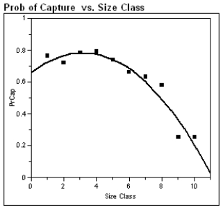 A common statistical method for estimating a population size assumes each member of the population has an equal probability of being captured. To assess this assumption for crocodile populations, investigators repeatedly sampled sections of rivers in Australia. Crocodile lengths were measured in size classes. Crocs 0.0 - 0.3 meters in length are in size class 1, 0.3 - 0.6 meters in length are size class 2, etc. The normal maximum adult length is in a class size of 9 or 10. The investigators fit a quadratic function relating the probability of capture and the size class of captured crocodiles. The output from their analysis is shown below.   Polynomial Fit Degree=2 PrCap = 0.66 + 0.77Class − 0.01(Class)^2   ​   ​ (a)What proportion of the variability in probability of capture is explained by the crocodile's size class? (b)Some biologists speculate that as crocodiles grow they become more wary of humans, and are more difficult to detect in the wild. Support or refute this belief by appealing to the analysis above.
