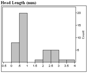 In 1986 marine biologists reported the discovery of a new species of fish in the Western North Atlantic. Data on the head length (n = 41) and pelvic fin length (n = 30) are shown below.     a)Describe in appropriate statistical terms, the distributions of these two variables. b)The distribution of head lengths certainly appears to be rather strange. What do you think might account for the shape of this distribution?