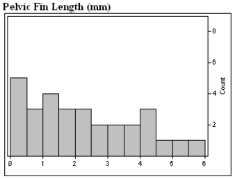 In 1986 marine biologists reported the discovery of a new species of fish in the Western North Atlantic. Data on the head length (n = 41) and pelvic fin length (n = 30) are shown below.     a)Describe in appropriate statistical terms, the distributions of these two variables. b)The distribution of head lengths certainly appears to be rather strange. What do you think might account for the shape of this distribution?