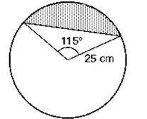 Find the area of the triangle. If necessary, round the answer to two decimal places. -Find the area of the shaded portion ( see illustration) of a circle of radius 25 cm, formed by a central angle of 115°. Round your answer to the nearest square cm.   [Hint: Subtract the area of the triangle from the area of the sector of the circle to obtain the area of the shaded portion.]