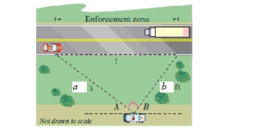 A police department has set up a speed enforcement zone on a straight length of highway.A patrol car is parked parallel to the zone, a = 210 feet from one end and b = 130 feet from the other end (see figure) . ​   ​ Find the length l of the zone.Round your answer to two decimal places. ​ A) 286.98 ft B) 276.98 ft C) 266.98 ft D) 246.98 ft E) 256.98 ft