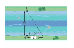  A biologist wants to know the width w of a river so that instruments for studying the pollutants in the water can be set properly.From point A the biologist walks downstream  x = 140  feet and sights to point C (see figure) .From this sighting, it is determined that Find the values o = 54°.How wide is the river    (Round your answer to three decimal places.)    A) 212.693 B) 197.693 C) 207.693 D) 202.693 E) 192.693 