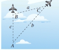 To determine the distance between two aircraft, a tracking station continuously determines the distance to each aircraft and the angle A between them (see figure) .Determine the distance a between the planes when A = 44°, b = 37 miles, and c = 22 miles. ​   ​ A) 35.60 miles B) 31.81 miles C) 26.11 miles D) 11.27 miles E) 54.99 miles
