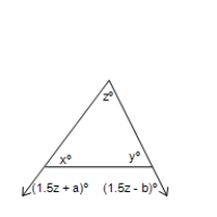 Find the value of x, y and z in the figure.​   ​ where a = 6, b = 14 ​ A) ​x = 33°, y = 94°, z = 53° B) ​x = 33°, y = 53°, z = 94° C) ​x = 94°, y = 94°, z = 53° D) x = 33°, y = 53°, z = 53° E) ​x = 60°, y = 60°, z = 60°