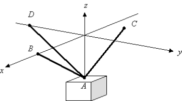  The weight of a crate is 300 newtons.Find the tension in each of the supporting cables shown in the figure.The coordinates of the points A,B,C,and D are given below the figure.Round to the nearest newton.   [Figure not necessarily to scale.] point A = (0,0,-80) ,point B = (140,0,0) ,point C = (-50,50,0) ,point D = (0,-180,0)   \vec { T } + m \vec { g } = 0  A) cable AB = 245;cable AC = 132;cable AD = 126 B) cable AB = 132;cable AC = 126;cable AD = 245 C) cable AB = 132;cable AC = 245;cable AD = 126 D) cable AB = 126;cable AC = 245;cable AD = 132 E) cable AB = 245;cable AC = 126;cable AD = 132 