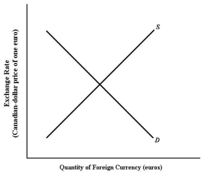   FIGURE 34-1 Refer to Figure 34-1.A fall in the exchange rate (moving down the vertical axis) indicates A) that more dollars are needed to purchase one euro. B) that fewer euros are required to purchase one Canadian dollar. C) an appreciation of the Canadian dollar. D) a depreciation of the Canadian dollar. E) no effect on the value of the currency.