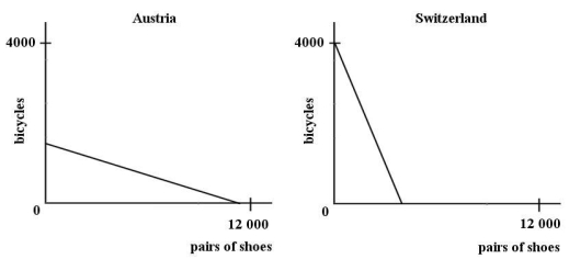 The following diagrams show the production possibilities boundaries for Austria and Switzerland,for the production of bicycles and shoes.   FIGURE 32-2 Refer to Figure 32-2.The diagrams illustrate that Switzerland A) has an absolute advantage in the production of bicycles. B) has a comparative advantage in the production of shoes. C) has an absolute advantage in the production of shoes. D) has a higher consumption of bicycles than Austria. E) has a comparative advantage in the production of bicycles.