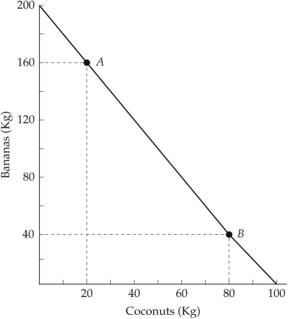 The diagram below shows Robinson Crusoe's annual production possibilities boundary for the production of bananas and coconuts.   FIGURE 32-3 Refer to Figure 32-3.What is Robinson Crusoe's opportunity cost of coconuts in terms of bananas? A) 2 B) 1 C) 1/2 D) 100 E) 200