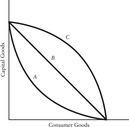 <strong> FIGURE 1-5 Refer to Figure 1-5.Which production possibilities boundaries are consistent with increasing opportunity costs?</strong> A)boundary A only B)boundaries A and B C)boundary C only D)boundaries B and C E)boundaries A,B,and C