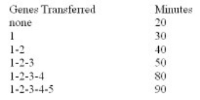 The data below shows recombination of genes (1-5) according to the amount of time available for transfer of the bacterial chromosome during conjugation between different genetic strains in E coli.Based on these data,which gene is closest to gene 1? (Note: The entire chromosome is transferred in 100 minutes.)    A) gene 2 B) gene 3 C) gene 4 D) gene 5