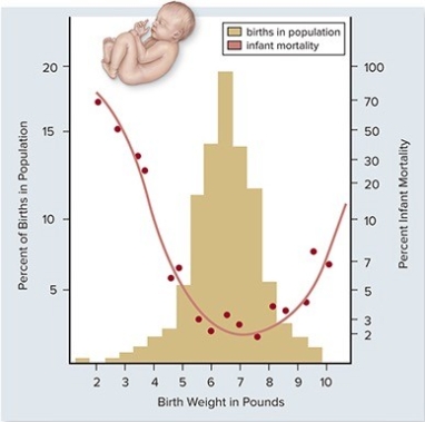   In the graph above,how can the change in infant mortality be explained as birth weight increases from 2 to 7 pounds? A) A larger baby will have more developed organs and thus have greater fitness. B) A baby closer to 7 pounds will not be able to be delivered safely and thus have higher mortality. C) A baby closer to 7 pounds will have more developed organs and thus have higher mortality. D) A baby closer to 7 pounds will have more developed organs and thus have lower mortality. E) A baby closer to 2 pounds will not be able to be delivered safely and thus have lower mortality.