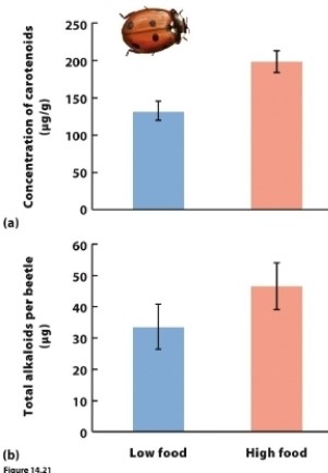 Ladybugs (Coccinella septempunctata) produce bad-tasting alkaloids as a chemical defense against predators. Researchers wanted to determine the costs of this chemical defense. They fed ladybugs either small or large amounts of food and measured alkaloid production and concentrations of carotenoids in the ladybug bodies. Carotenoids are the chemicals responsible for the red color of the ladybug, which advertises its unpalatability to predators. What do the results of this experiment, shown in the figure, indicate about costs of chemical defenses?  <div style=padding-top: 35px> 