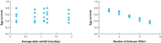 A biologist studies a population of birds for 25 years. Each year the biologist records the amount of rainfall and the density of birds (number of birds per 100 square meters). In addition, the biologist determines the survival rate for eggs laid that year. The biologist then plots egg survival rate against both rainfall (graph a) and density (graph b). In each plot the individual points represent the data for one year of the study. Based on these data, does this population of birds appear to be subject to positive density-dependent population regulation, negative density-dependent population regulation, or density-independent population regulation? As part of your answer, list the prediction for each type of population regulation and explain whether the data meet that prediction.   (a) (b)<div style=padding-top: 35px> 