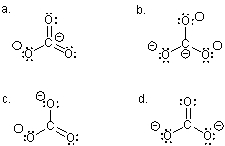 <strong>Which Lewis structure, although acceptable, LEAST describes the carbonate ion?  </strong> A) a B) b C) c D) d <div style=padding-top: 35px> 