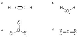 Which molecule(s)  is/are likely to be a gas at room temperature due to a lack of attraction to another molecule of its own kind?   A)  a, b, and c B)  a, c, and d C)  b D)  c and d