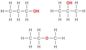 Select the BEST description for these three molecules.   A)  All three are isomers because they have the same formula but different structures. B)  Two of them are isomers, but the third is not. C)  None of them is an isomer of the others. D)  All three are isomers because they have the same Formula and all have single bonds.