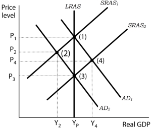 Use the following to answer questions . Exhibit: Responses to a Decrease in Aggregate Demand   -(Exhibit: Responses to a Decrease in Aggregate Demand)  The economy is initially in equilibrium at point (1) . Now suppose a reduction in the money supply causes aggregate demand to fall to AD<sub>2</sub>. The below potential output level of Y<sub>2</sub> will exist as long as A)  policymakers refrain from using discretionary policies. B)  workers fail to recognize that their real wages have increased and that they need to accept lower nominal wages. C)  economic agents do not respond to falling prices by increasing aggregate demand back to AD<sub>1</sub>. D)  producers do not increase the price of their output. 