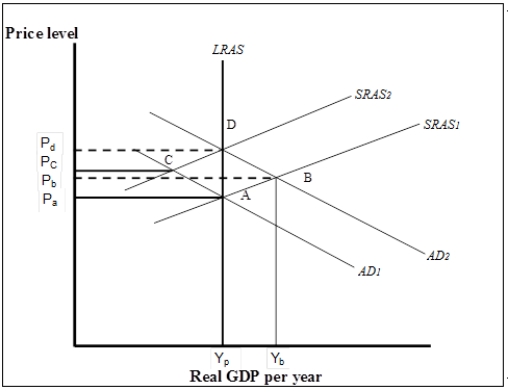 Use the following to answer questions . Exhibit: Using the Aggregate Demand/Aggregate Supply Model 1   -(Exhibit: Using the Aggregate Demand/Aggregate Supply Model 1)  Suppose the economy is initially at point A. Now suppose an increase in government purchases shifts the aggregate demand curve to AD<sub>2</sub>. Which of the following statements best explains how the economy responds to restore long-run macroeconomic equilibrium? A)  The increase in the price level to P<sub>b</sub> reduces real GDP demanded, shifting the aggregate demand curve back to AD<sub>1</sub>, returning the economy to its potential output at A. B)  Firms produce more in anticipation of future higher prices, thus shifting the SRAS curve upward until the gap is eliminated at D. C)  Firms and workers will negotiate higher nominal wages to restore lost purchasing power. This shifts the SRAS curve to the left until the gap is eliminated at D. D)  The increase in the price level to P<sub>b</sub> decreases consumption which in turn leads firms to cut production shifting the SRAS curve to the left until the gap is eliminated at D. 