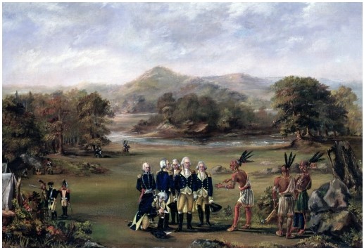 Why is it striking that the painting of the Treaty of Greenville features an Indian appearing to dictate terms to white Americans?   A)  Because Indians and white men did not speak the same language, so they would not have been able to verbally communicate B)  Because the white Americans would never have taken direction from an Indian C)  Because women always handled political negotiations in native cultures D)  Because in reality, the terms of the treaty were mostly favorable to the United States rather than to native groups