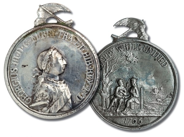 According to the inscription in  Silver Medal to Present to Indians,  who were  HAPPY WHILE UNITED ?   A)  All the European nations B)  The British and the Indians C)  The British among themselves D)  All colonists in the New World