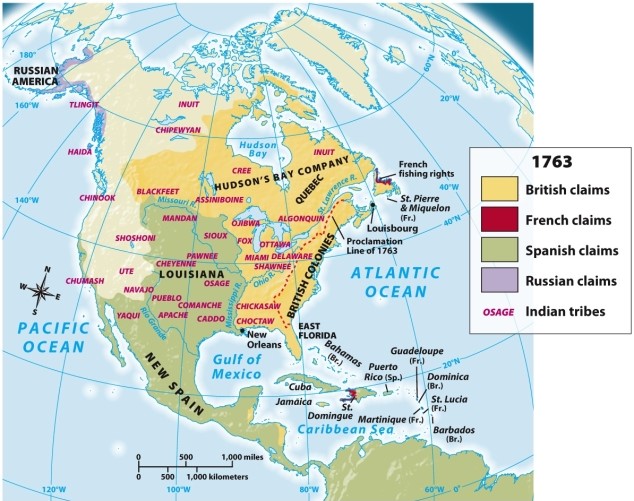According to Map 6.2: Europe Redraws the Map of North America, 1763, which of the following European powers had the smallest colonial presence by 1763?   A)  Britain B)  France C)  The Netherlands D)  Spain