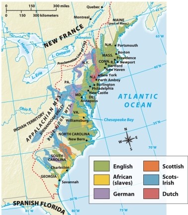Where in the American colonies did the English primarily settle during the eighteenth century, according to Map 5.1: Europeans and Africans in the Eighteenth Century?   A)  Appalachian Mountains B)  Proclamation Line of 1763 C)  East Coast D)  Southeast region of North America