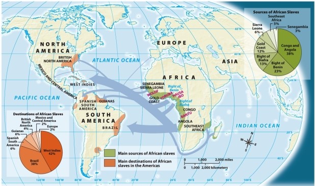 According Map 5.3: The Atlantic Slave Trade, what area was the largest source of African slaves?   A)  Gold Coast B)  Congo and Angola C)  Bight of Benin D)  Bight of Biafra