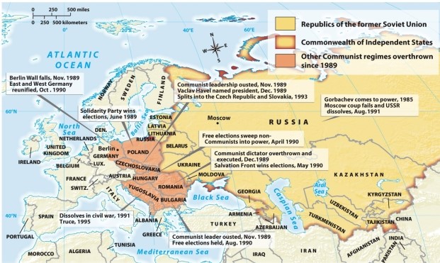 According to Map 31.1: Events in Eastern Europe, 1989-2002, which countries were formerly held by Communist regimes?   A)  Poland, Armenia, Estonia B)  Romania, Georgia, Latvia C)  Poland, Romania, Bulgaria D)  Italy, Belarus, Hungary