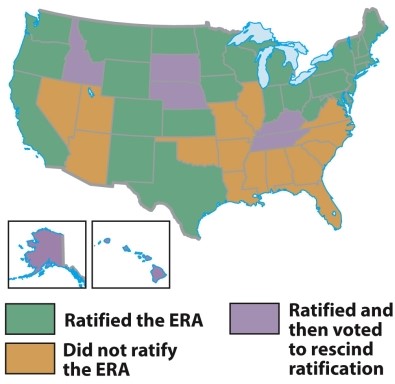 According to the map titled  The Fight for the Equal Rights Amendment,  states in what region were least likely to ratify the Equal Rights Amendment?   A)  The Pacific Northwest B)  The Deep South C)  The Midwest D)  New England