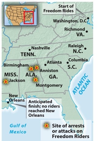 According to the map titled  Civil Rights Freedom Rides, May 1961,  which of the following is true?   A)  More attacks happened in Mississippi that anywhere else. B)  The Freedom Rides moved southeast, ending in Florida. C)  No Freedom Riders traveled completely from Washington, D.C., to New Orleans. D)  The Freedom Rides were attacked in every state from Virginia to Mississippi.