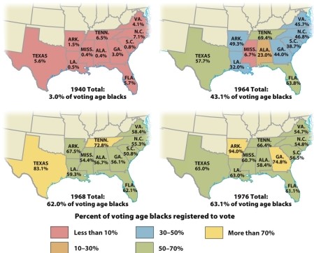 According to Map 28.2: The Rise of the African American Vote, 1940-1976, what southern state was the first in which more than 80 percent of eligible African Americans registered to vote?   A)  Arkansas B)  Texas C)  Georgia D)  Tennessee